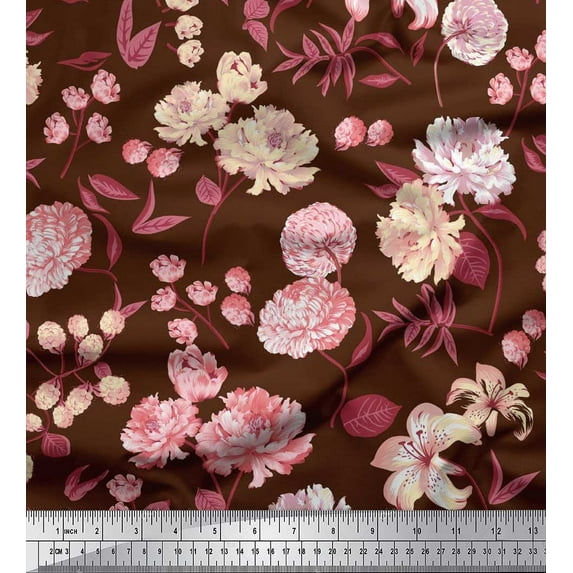 Soimoi Brown Viscose Chiffon Fabric Leaves & Artistic Floral Decor Fabric Printed BTY 42 Inch Wide