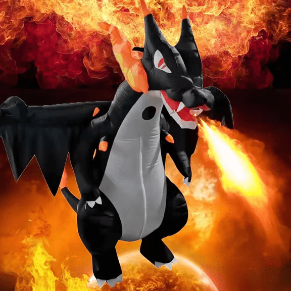 Adult Inflatable Black Fire Dragon Costume (Winged With Flame Accents) - Fantasy/Halloween Theme Party Outfit (Fits 59"–74.8"),Height 59"–74.8",dinosaur