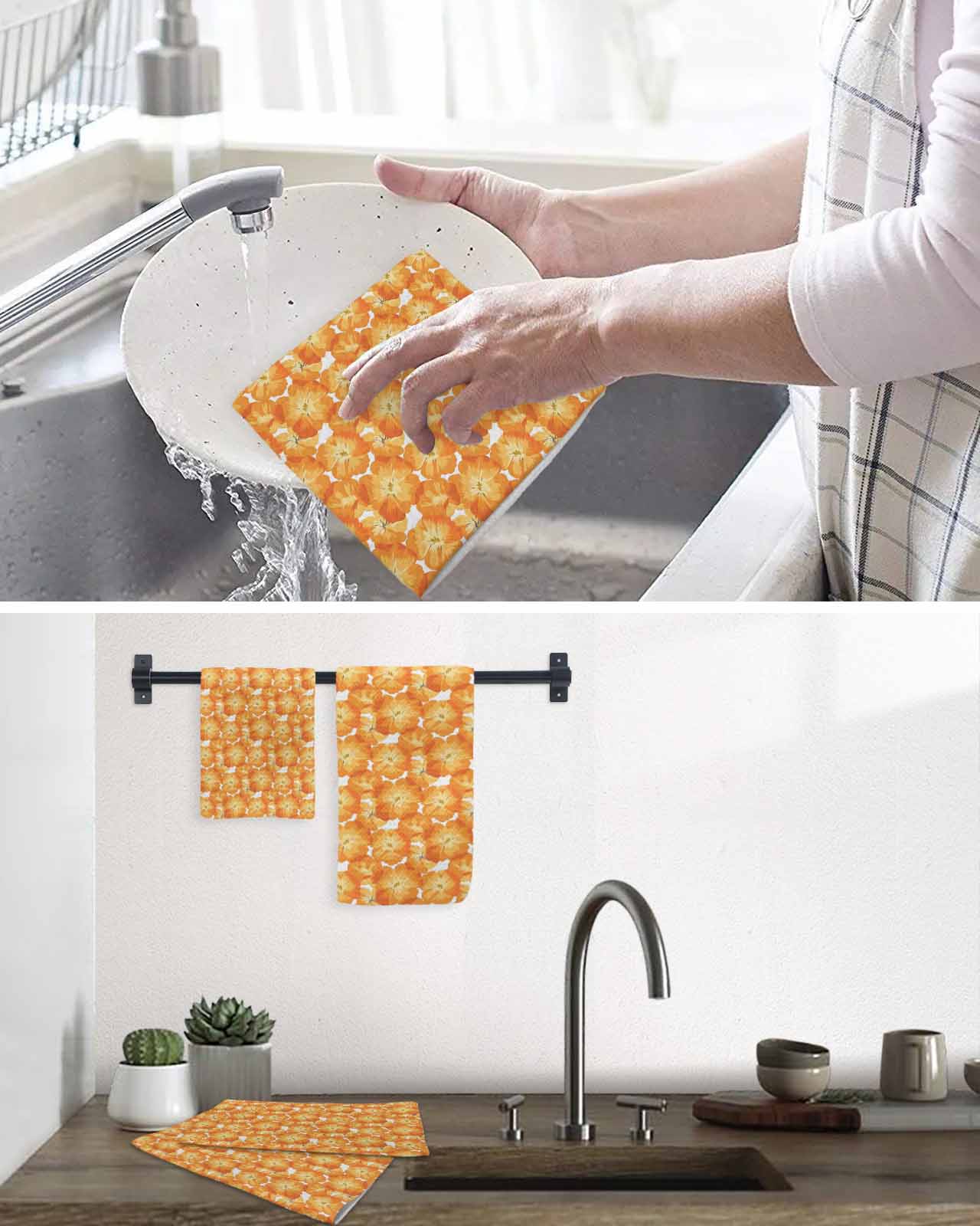 Spring Floral Kitchen Dish Towels for Drying Dishes Set of 2, Orange Country Retro Botanical Pastoral Waffle Weave Microfiber Terry Hand Tea Bathroom Towels Quick Dry & Absorbent Towel 12x12