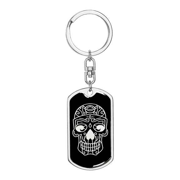 Calavera Mexican Sugar Skull 97 Stainless Steel or 18k Gold Premium Swivel Dog Tag Keychain