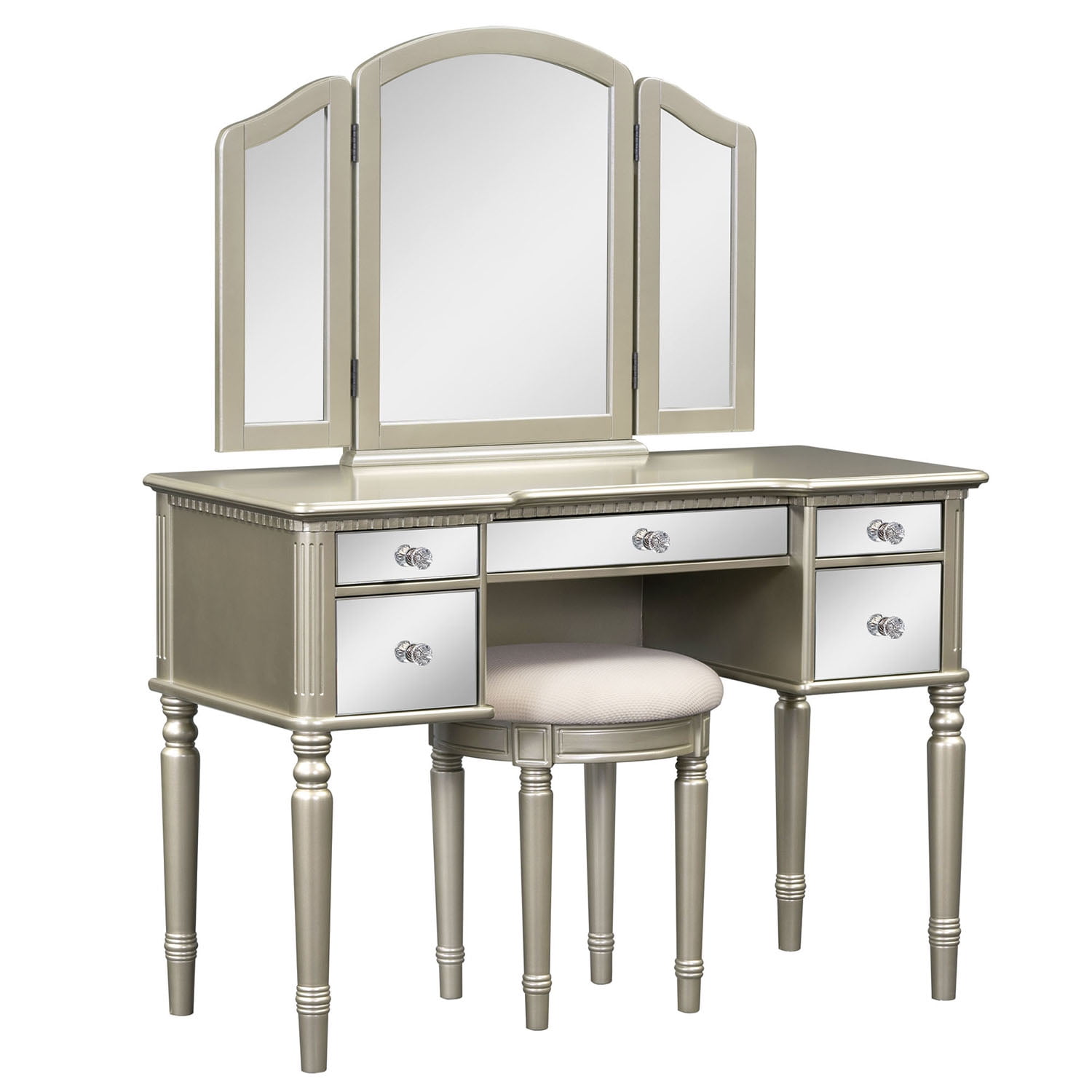 Resenkos 43" Dressing Table Set with Mirrored Drawers and Stool, Tri-fold Mirror, Makeup Vanity Set for Bedroom, Gold Resenkos 43" Dressing Table Set with Mirrored Drawers and Stool, Tri-fold Mirror, Makeup Vanity Set for Bedroom, Gold