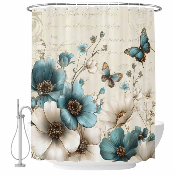 Teal Tulip Butterfly Shower Curtain, Waterproof Shower Curtains for Bathroom, Turquoise Floral Farmhouse Beige Washable Fabric Bathtub Curtain Set Bath Decor with 12 Hooks Extra Long 72"x96"