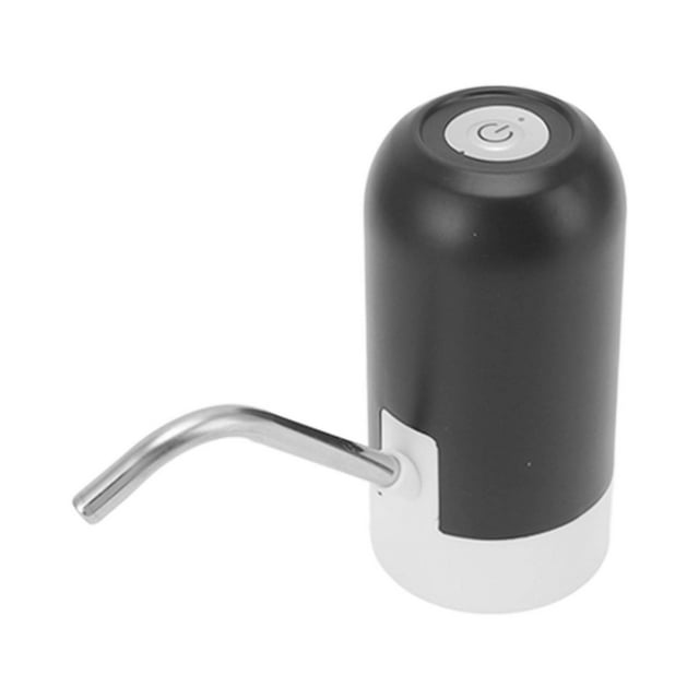 dispensador de agua eléctrico bomba de botella de agua de fácil instalación con carga usb automática para el hogar anggrek otros Dispensador recargable de cuerpo cilíndrico negro con base blanca, boquilla curvada de acero inoxidable, botón de encendido superior circular; incluye manguera blanda, manguera de acero inoxidable y cable USB, apto para barriles de un galón y uso en cocina u oficina pequeña.
