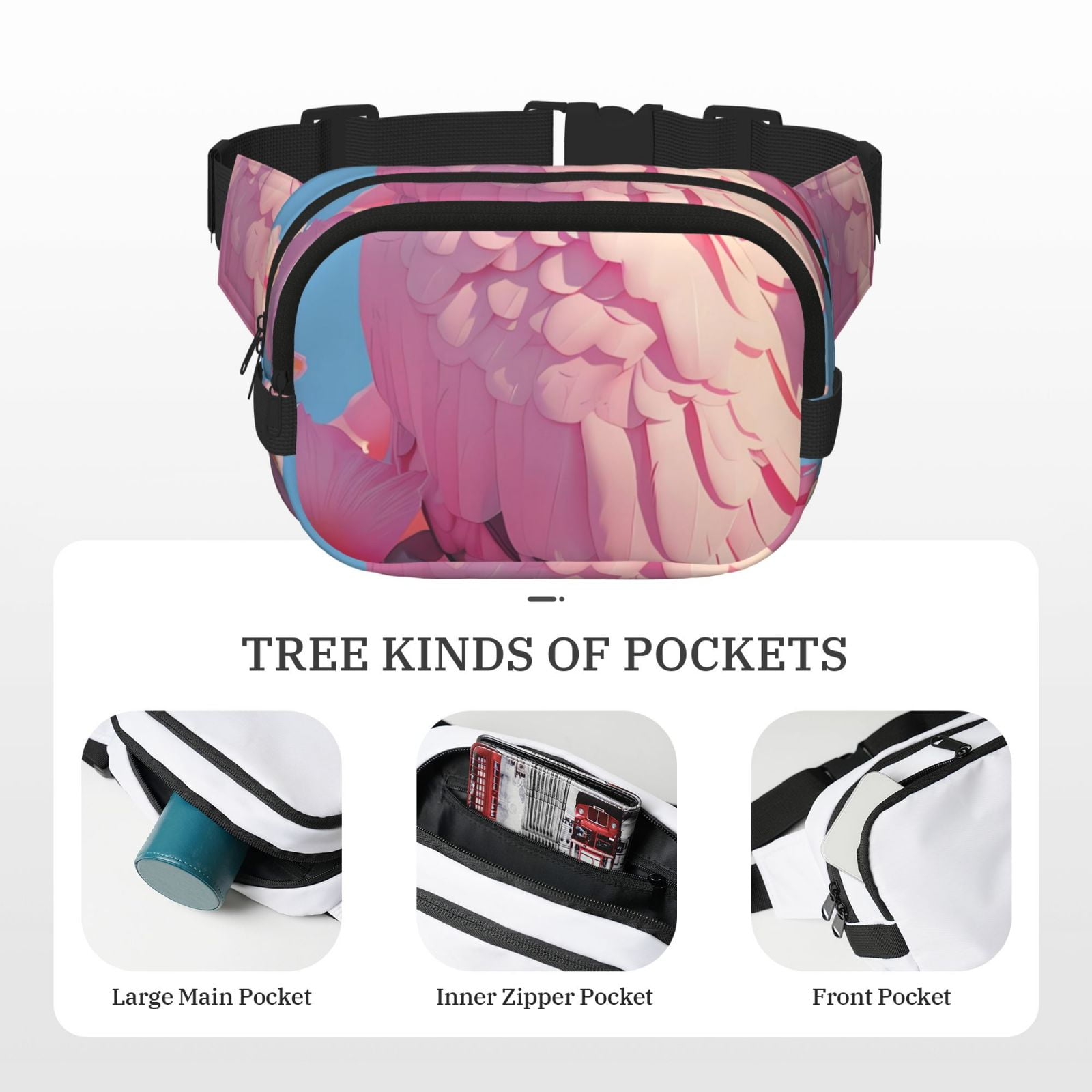 Picia Pink Parrot Tropical Blossoms Print Square Double-Layer Waist Bag Mini Adjustable Waist Belt Bag Exercise Running Travel Hiking