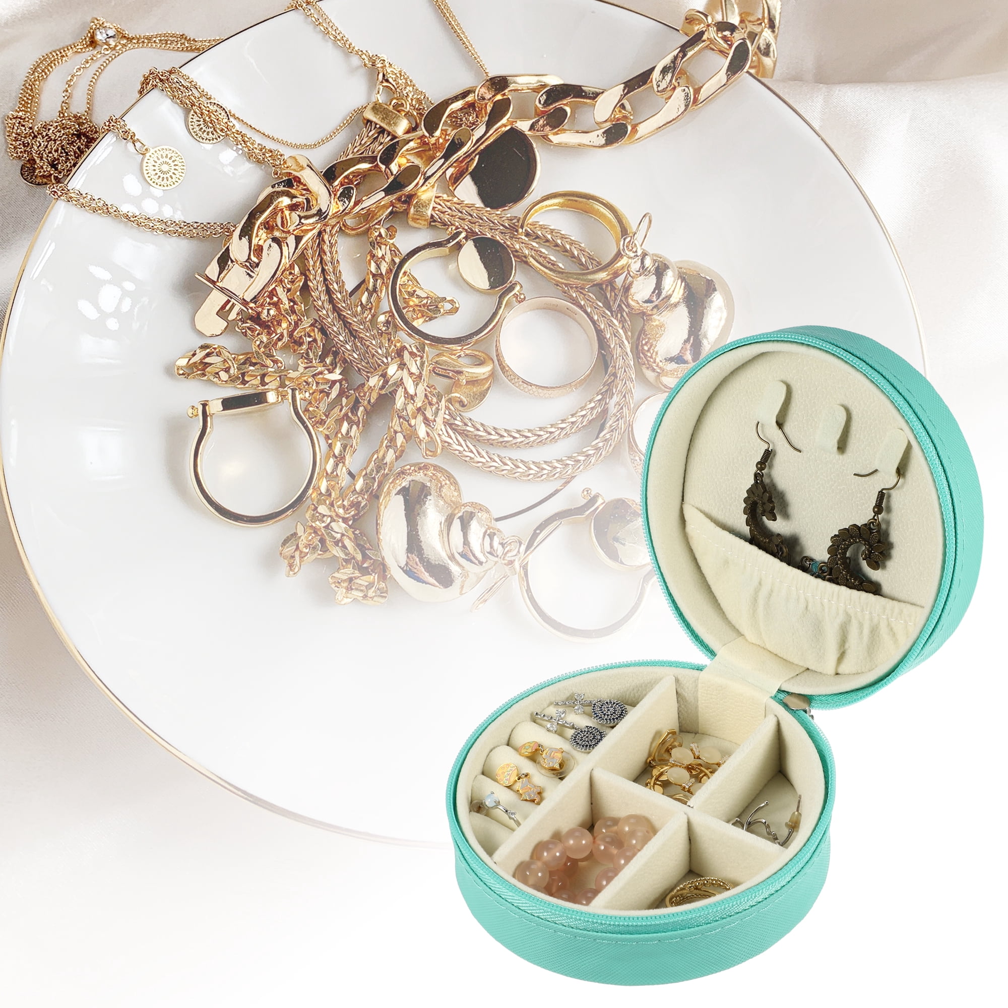 Unique Bargains 1pc Portable Round Jewelry Box for Travel Green