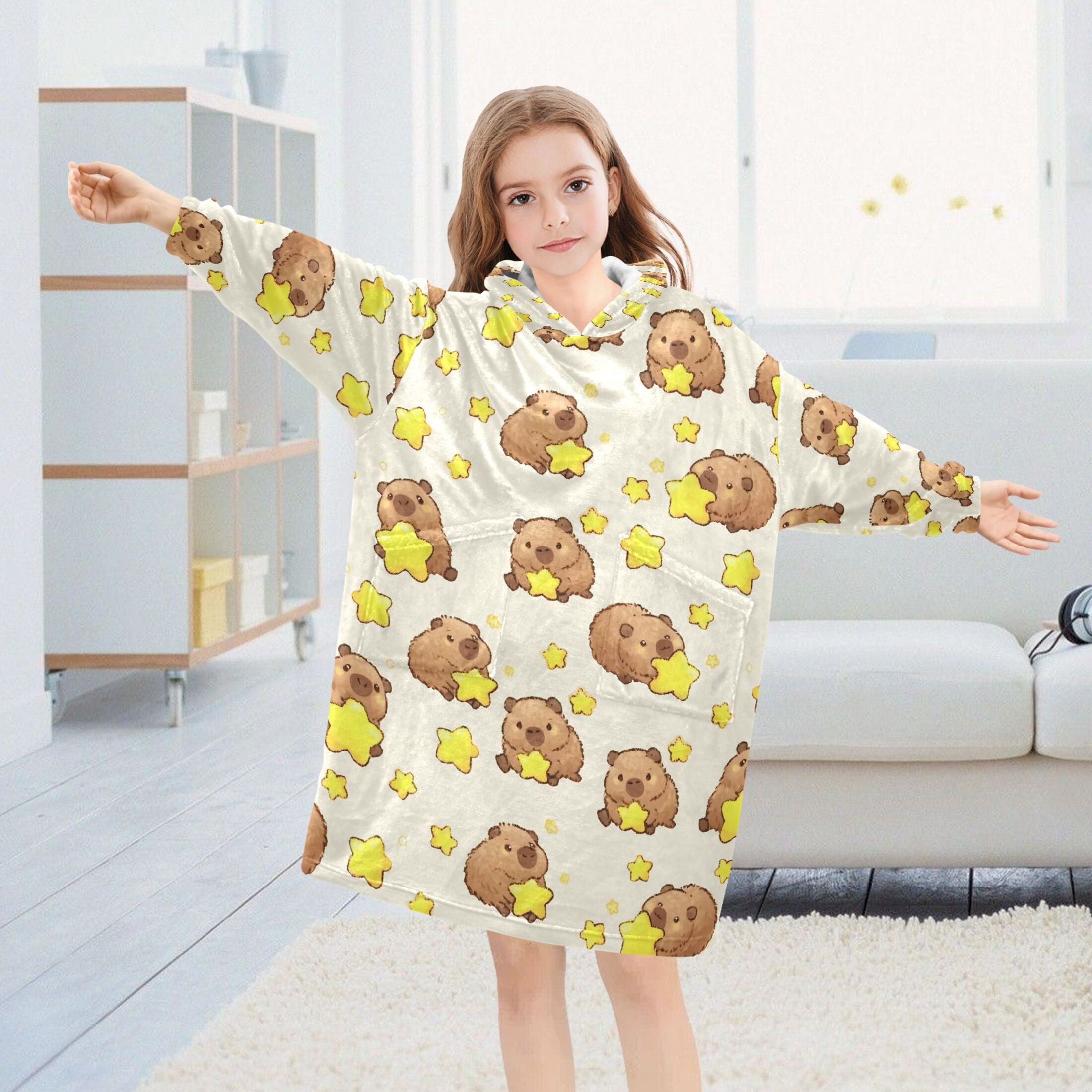 Wearable Blanket Hoodie for Capybara Star Flannel Hooded Blanket with Pockets and Sleeves Suitable