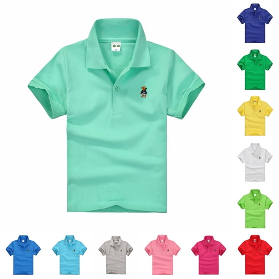 WAYUTE Boys Short Sleeve Polo Shirts Button Collared Neck Cartoon Embroidery Breathable Big Kids Child Top Casual Outdoor,Mint Green,Size 6-12 M