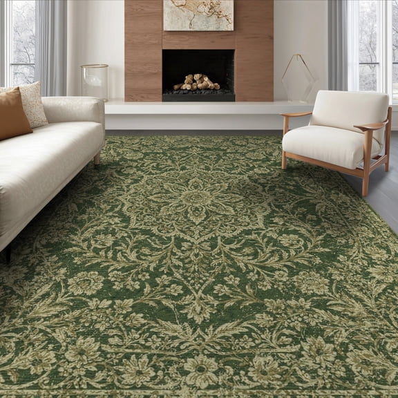 ODIKA 8'x10' Washable Area Rug Floral Medallion With Distressed Scroll Border Accents Vintage Flowing Dynamic for King Size Bedroom Under Bed, Master Suite, Non-Shedding, Easy Care