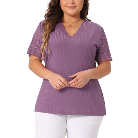 Agnes Orinda Women s Plus Size V Neck Short Sleeve Elegant Lace Ribbed Knit Summer Tunic Blouse 1X Purple