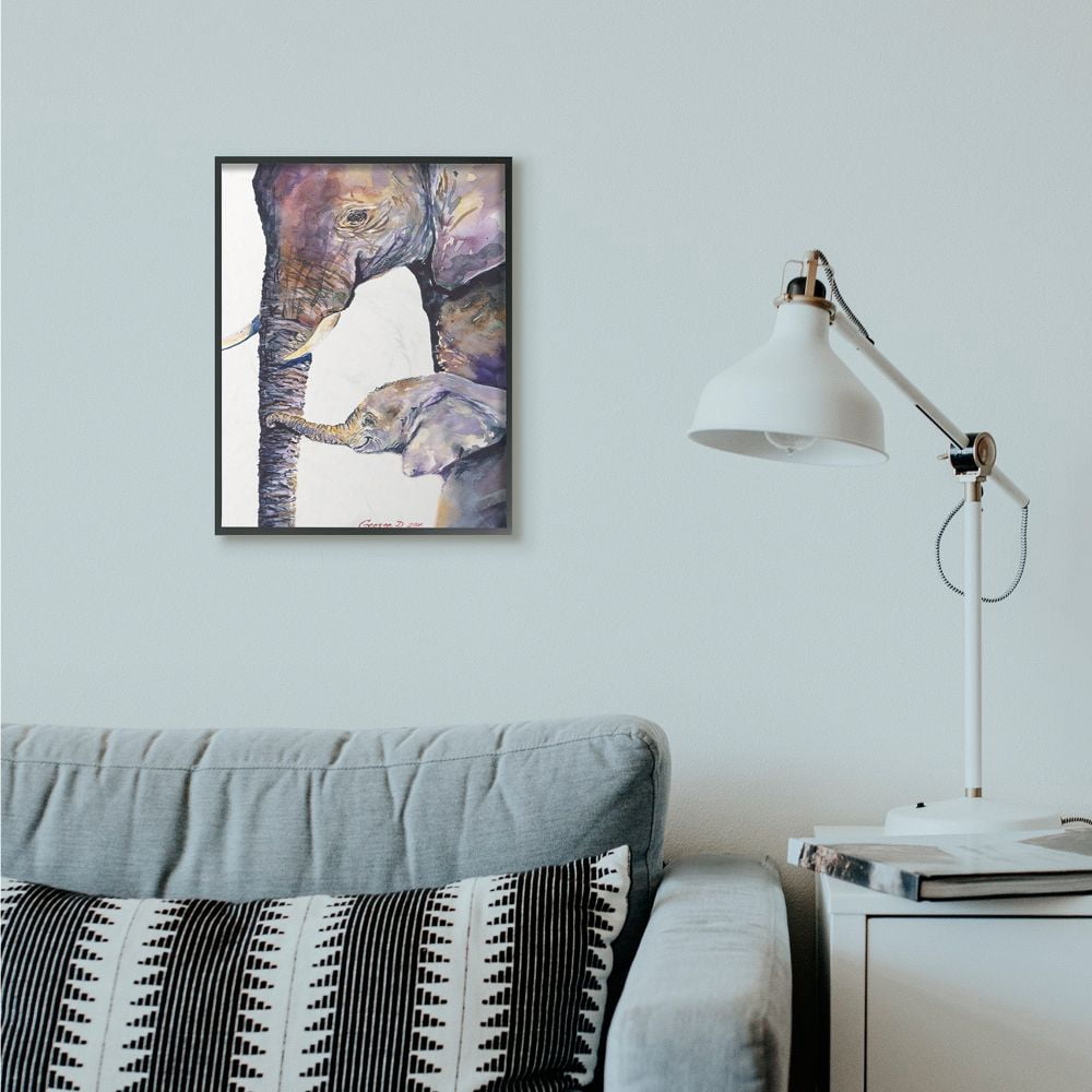 Stupell Industries Colorful Cute Baby Elephant Family Animal Purple Watercolor Painting Framed Giclee Texturized Art by George Dyachenko