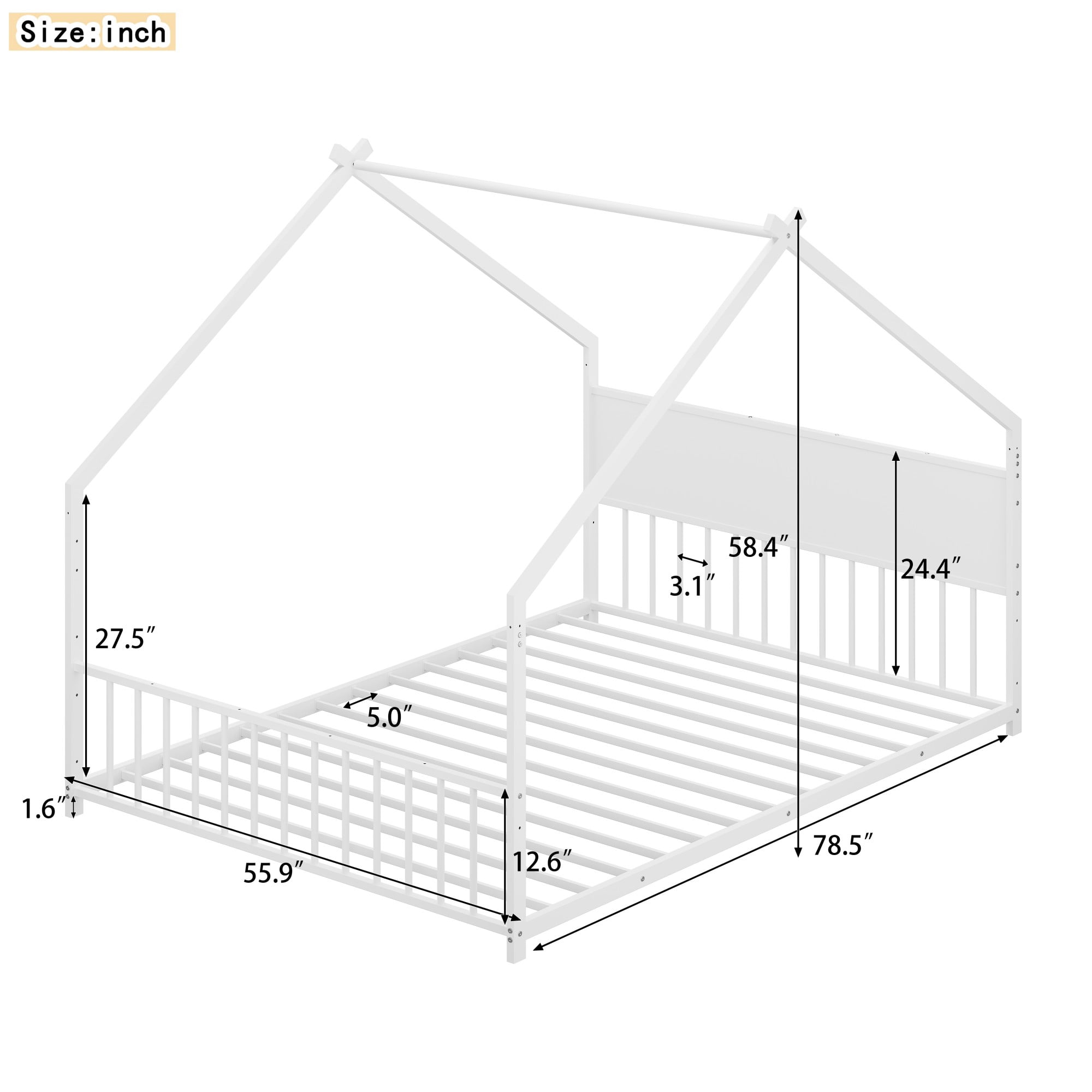 Aukfa Full Size Metal House Bed Frame with LED Lights, Montessori Floor Bed for Kids & Toddlers, Modern Kids Room Furniture, White