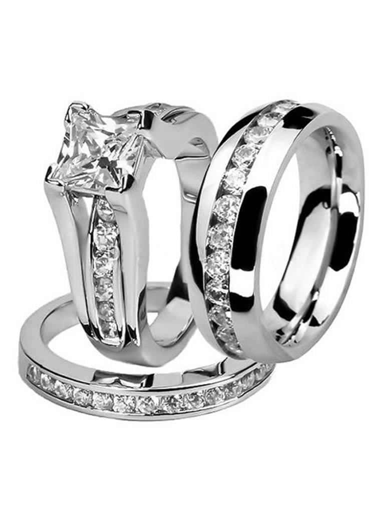 Details about   His & Hers Stainless Steel Princess CZ Wedding Ring Sets Tungsten Men Band HQ 