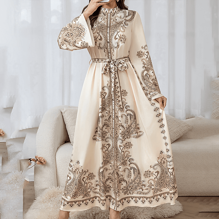 MORTTIC Middle Eastern-Inspired High Neck Floral Maxi Dress  Long Sleeve,  Loose Fit with Adjustable Waist Belt, Tummy Control, Vintage Resort Wear -  Walmart.com