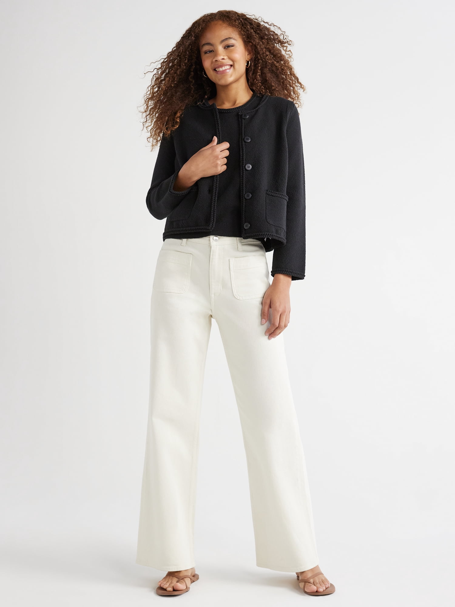 Free Assembly Women's Crochet Trim Cardigan Sweater with Long Sleeves, Midweight, Sizes XS-XXL