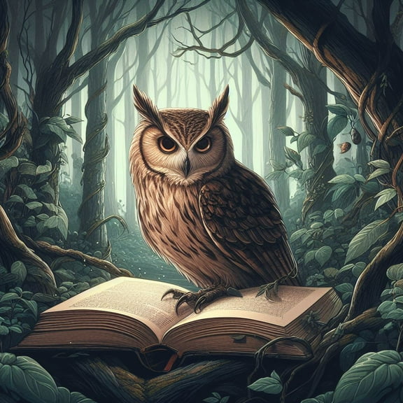 Owl Standing on an Open Book in The Forest Digital Painting - 12" x 18" Art Print Wall Decor