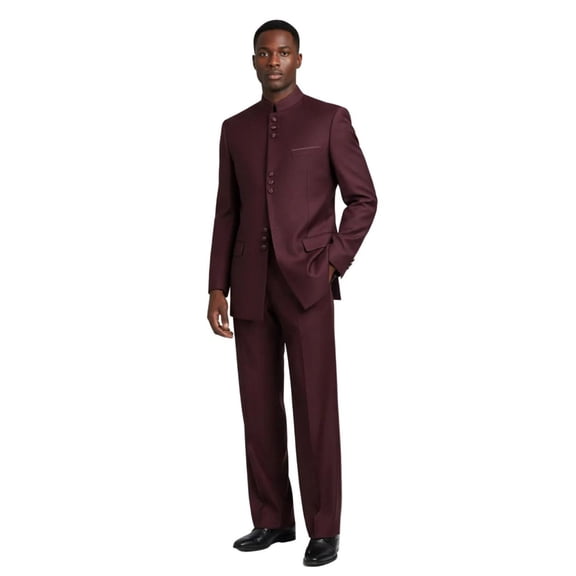 Mens Suit  Apollo King Banded Collarless Chinese Mandarin Wide Leg AG96 Burgundy