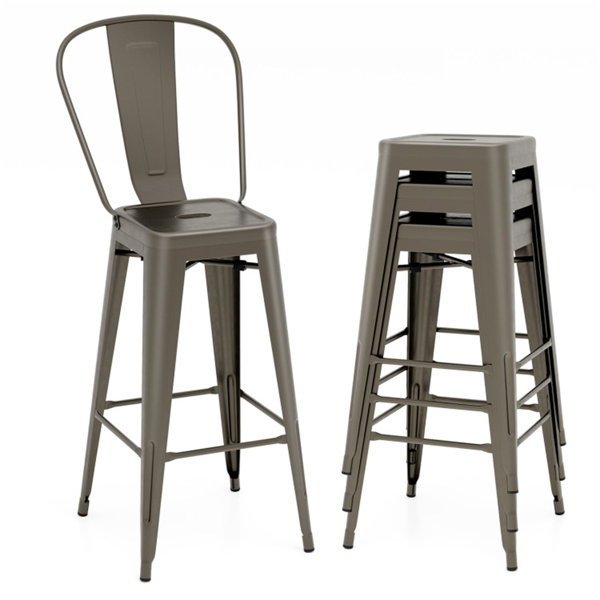 Demi Bonn 30" Height Set of 4 High Back Metaldustrial Bar Stools, Modern Dining Chair with Backrests, Brown