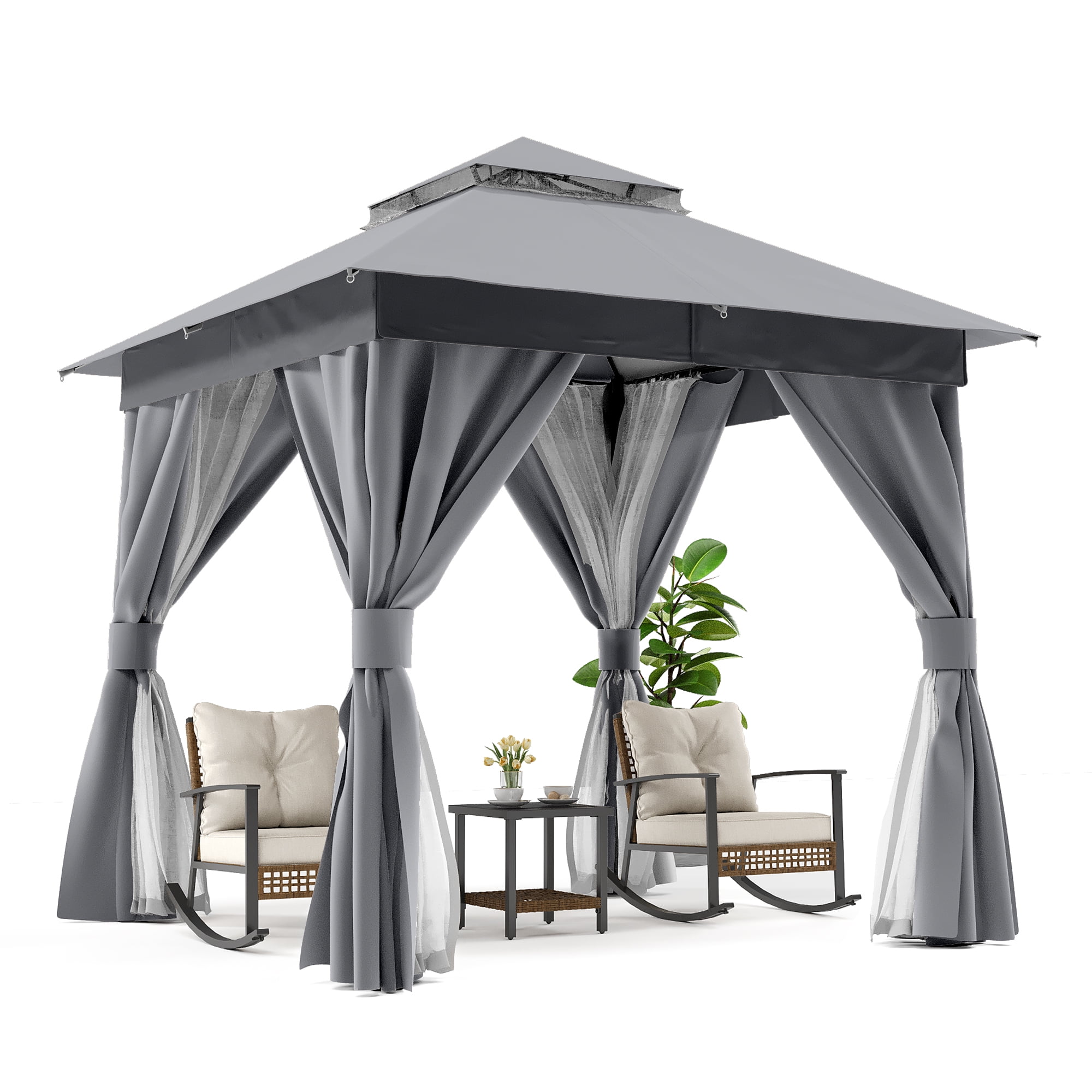 LAUSAINT HOME 8'x8' Outdoor Patio Gazebo, Double Roof Metal Frame with Mosquito Nettings, Privacy Screens and Anchoring Kit, Gray