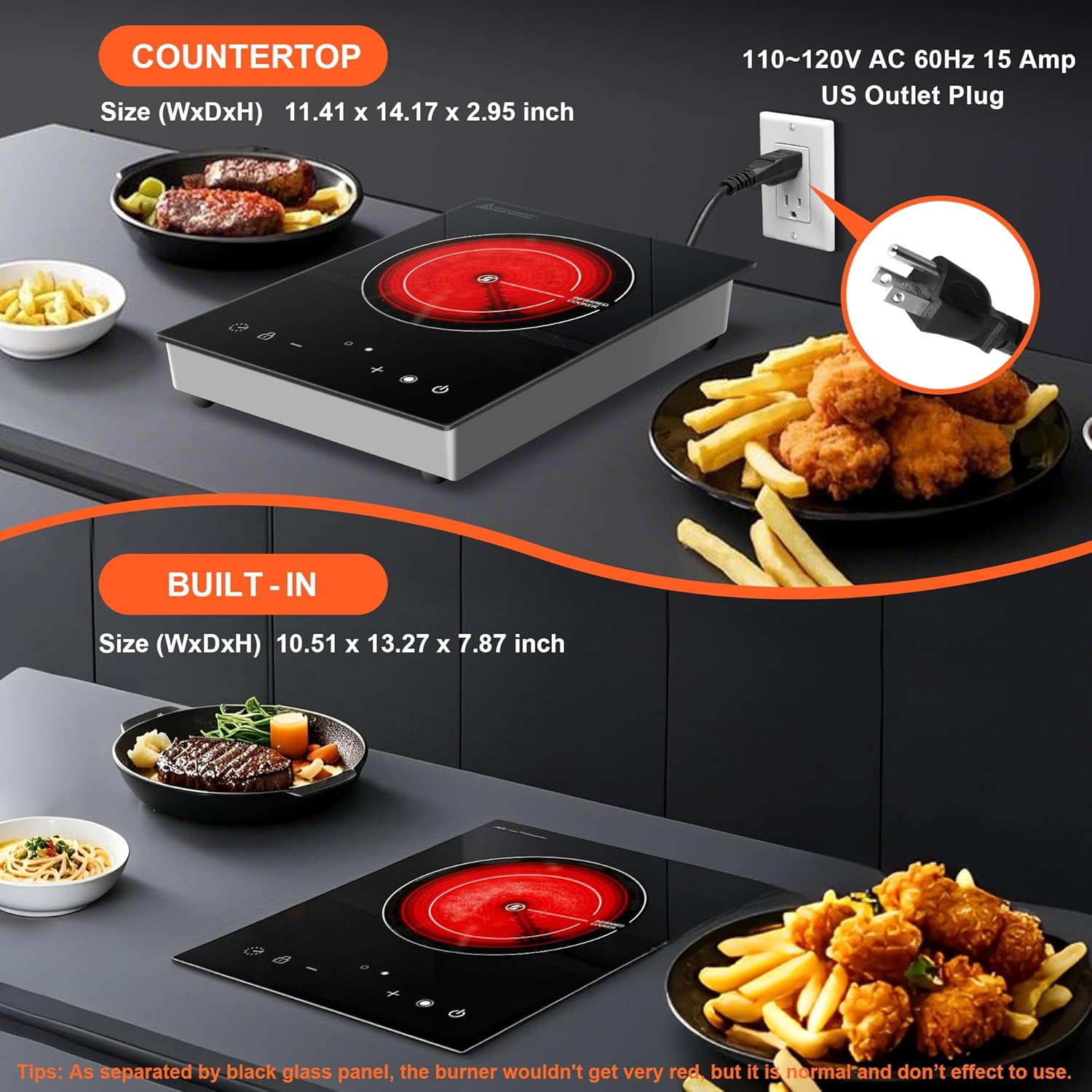 1800W Electric Infrared Ceramic Hot Plate with Dual Coils, Portable Countertop or 12inch Built-in Cooktop for All Cookware