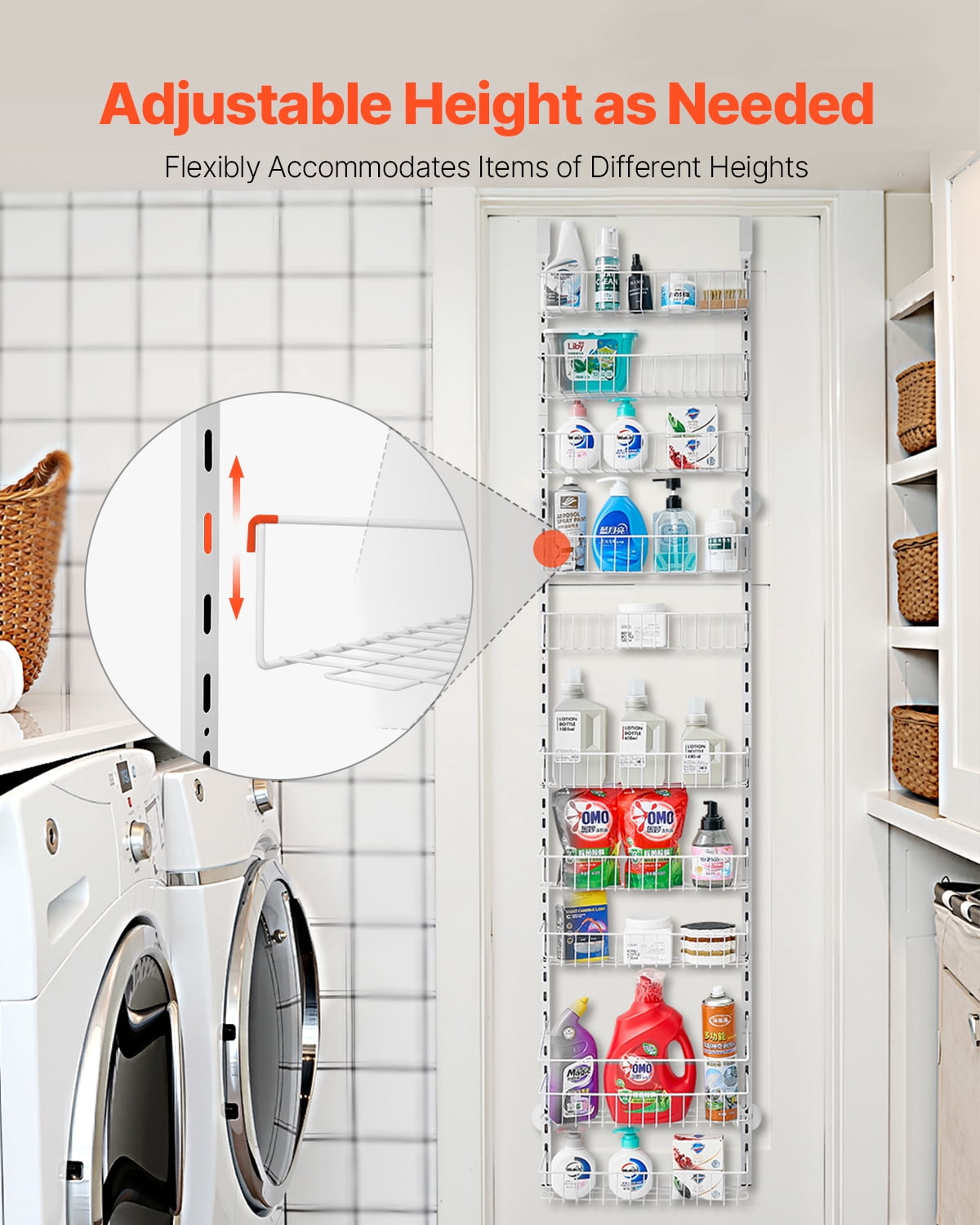 VEVOR Over the Door Pantry Organizer, 10-Tier Pantry Organization and Storage, Heavy-Duty Steel Hanging Spice Rack, Adjustable Wall Seasoning Shelves, for Home Kitchen Laundry Room Bathroom, White