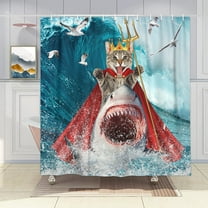 Funny Cat Shower Curtain, Cute Cool Cat Riding Shark Nautical Teal Ocean Wave Shower Curtains for Bathroom, Fun Animal Kids Waterproof Fabric Bath Curtain Children Home Bathroom Decorations,72X72in