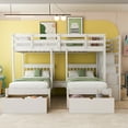 thumbnail image 2 of Triple Bunk Bed with Staircase and 7 Drawers, L-Shaped Bunk Bed for 3, Solid Wood Full Over Twin & Twin Bunk Bed Frame with Safety Guardrail & Storage Board, Space Saving, No Box Spring Needed, White, 2 of 7