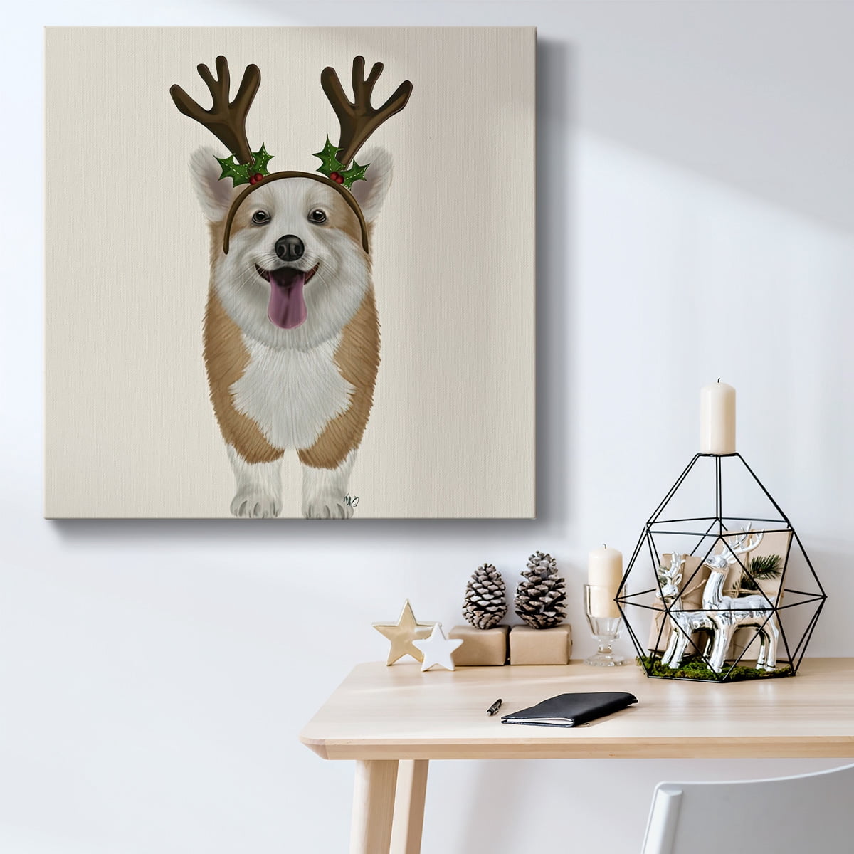 Corgi Christmas Antlers- Gallery Wrapped Canvas