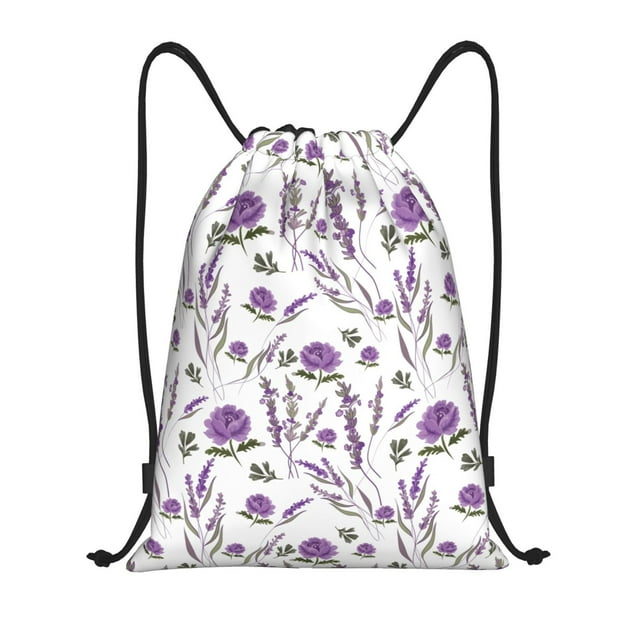 Xecao Lavender Flowers Pattern Sports Drawstring Backpack - String Swim Gym Bag with Wet Proof Pocket for Women&Men-Medium