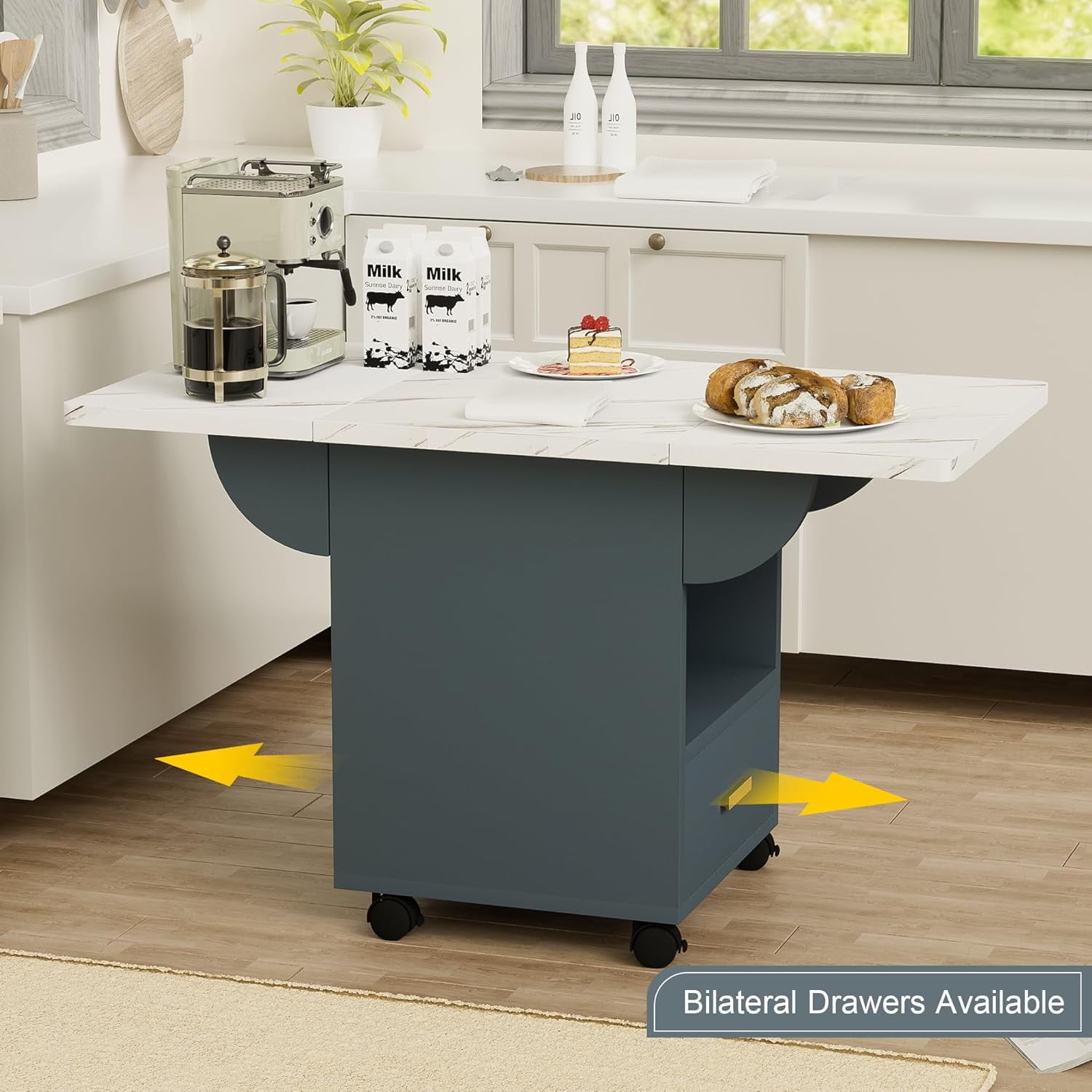 Montary 39.4" Wood Folding Dining Table with 4 Wheels, Multipurpose Foldable Dining Table with Storage Rack and 1 Drawers, Movable Kitchen End Table Extendable Table for Small Spaces