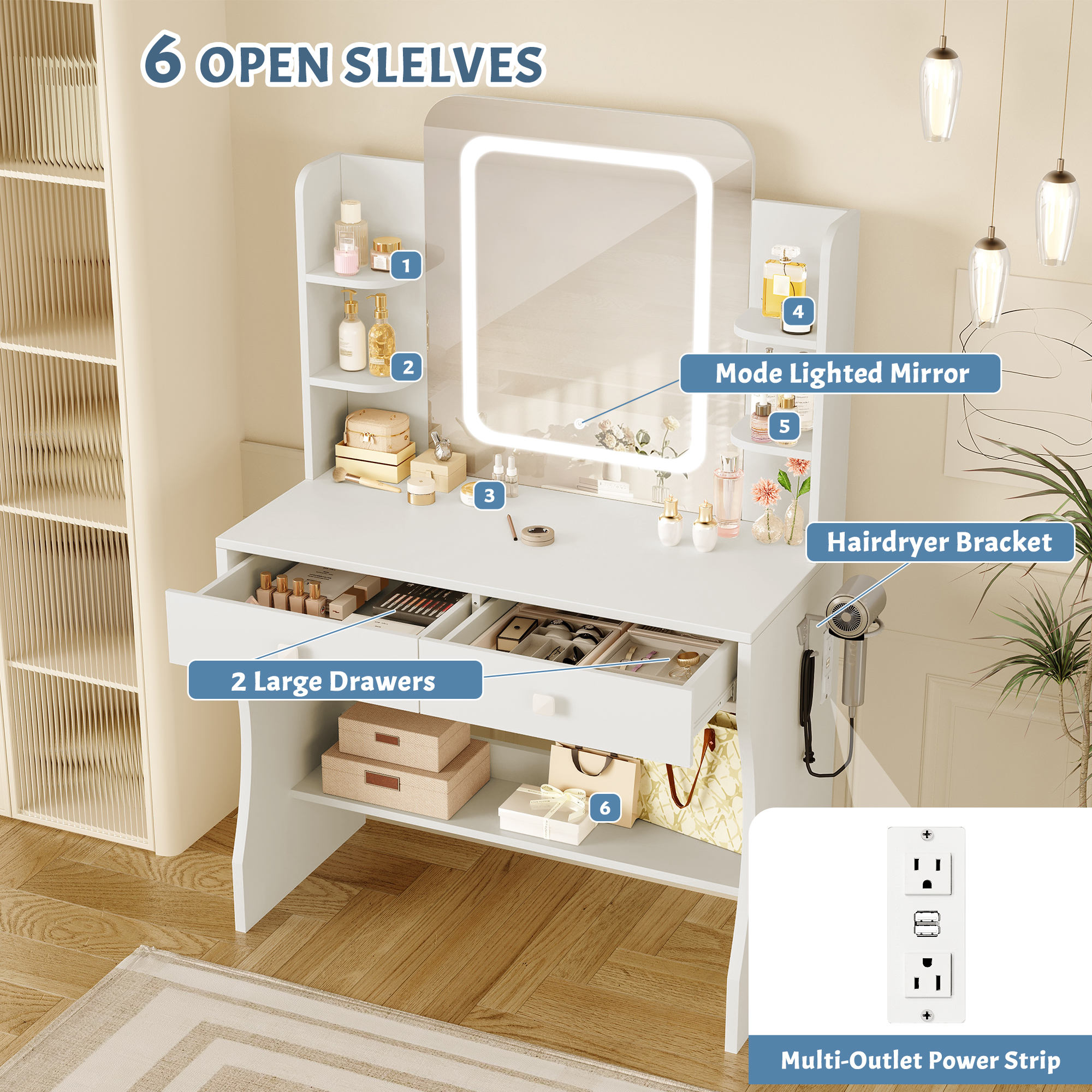 LIVELYGLOW Makeup Vanity Desk with Lighted Mirror, Vanity Set with 6 Open Shelves, 2 Drawers, Power Outlet & Hairdryer Holder, Vanity Dressing Table Perfect gift for Bedroom - White