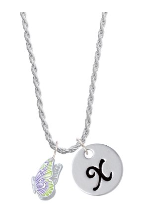 Silvertone Translucent Purple & Lime Green Flying Butterfly Silvertone Script Initial Disc - X - Charm Necklace, 20"+3"