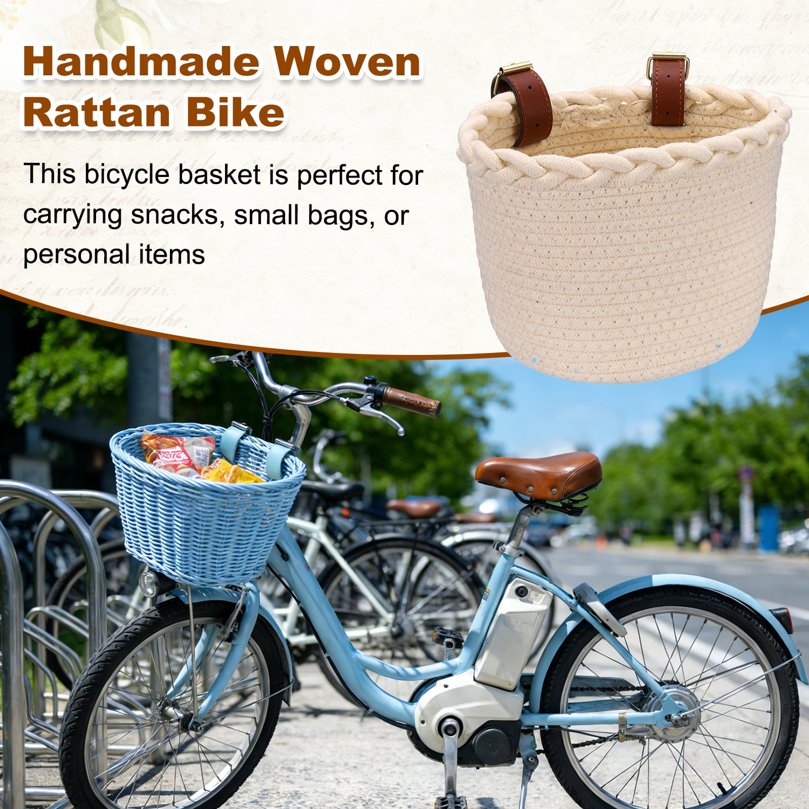 Uxcell Bike Basket, Cotton Rope Bicycle Basket Adjustable Front Baskets with 2 Leather Belt Buckles Unisex Strong Load 8.8 x 6.7 x 6.5" & Beige-Fitting For(Bikes/Tricycle/Scooters)