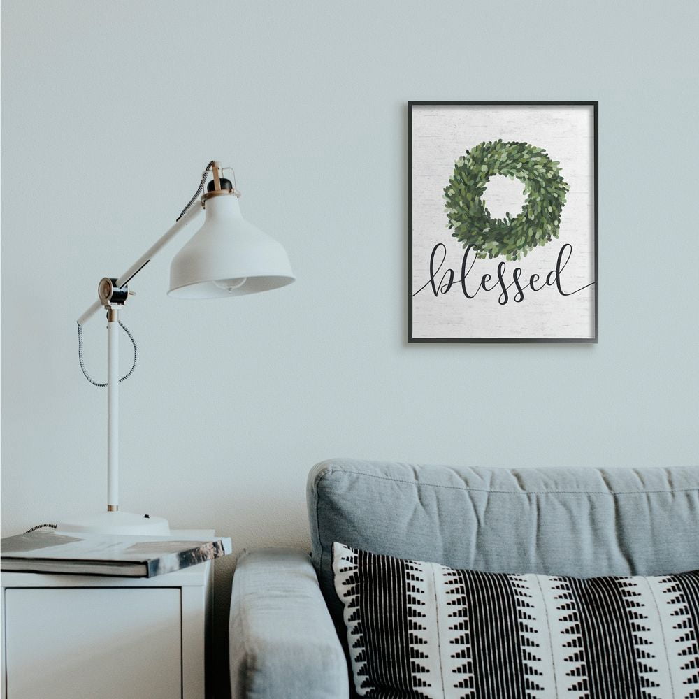 Stupell Industries Simple Blessed Text with Greenery Wreath Design Designed by Lettered and Lined
