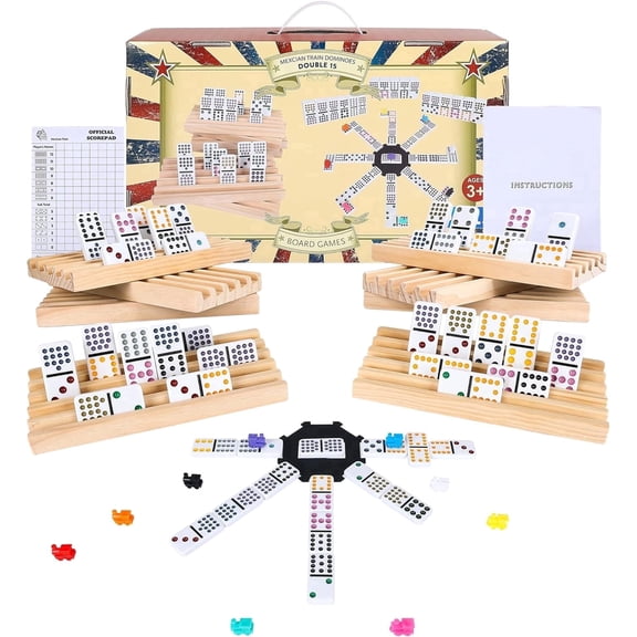 Fugocen Mexican Train Dominoes Set Double 15 Colored Dot 136 Tiles, Tin Box, 9 Trains, Hub, 8 Pcs Wooden Trays For Adults