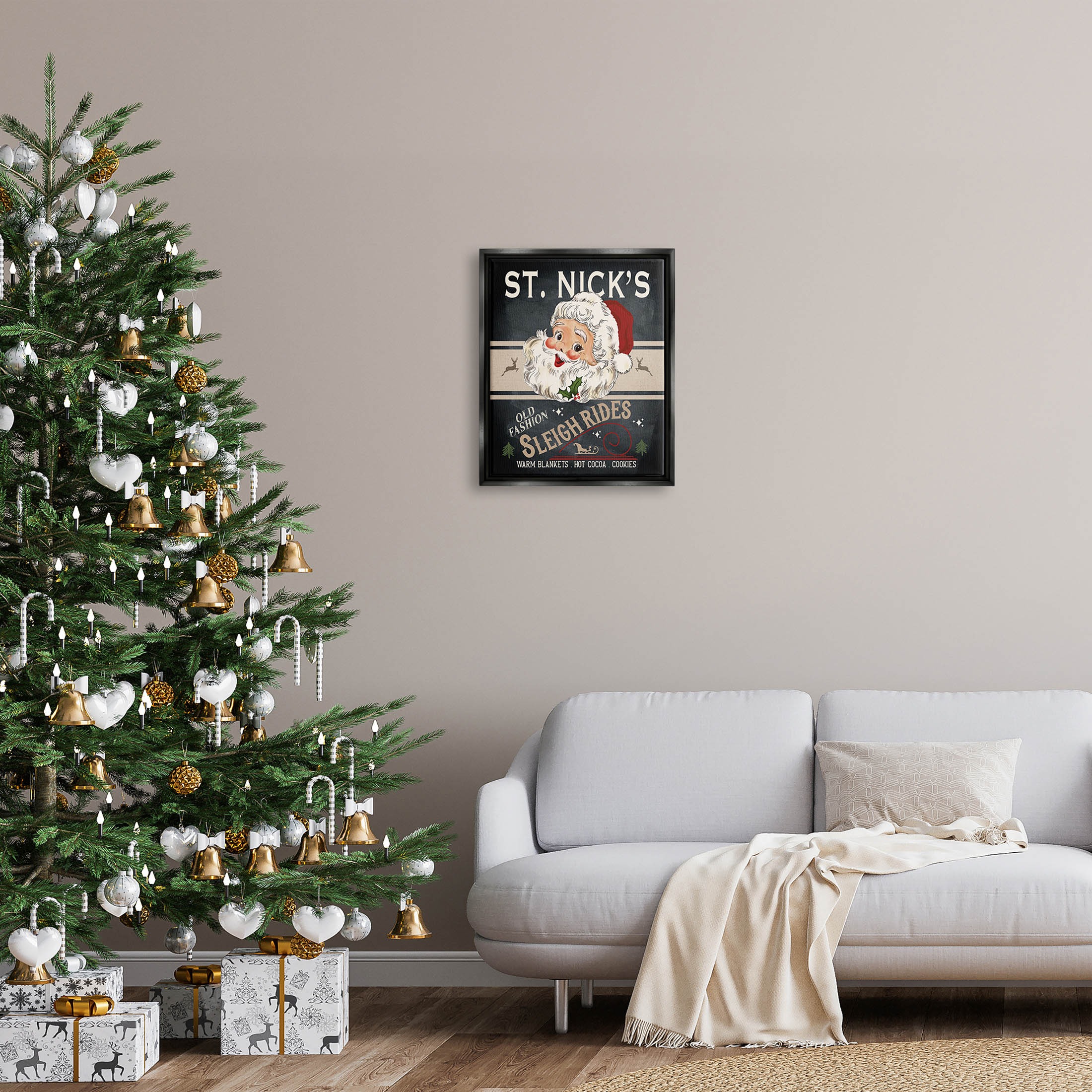 St. Nick's Sleigh Rides Vintage Style Sign Holiday Graphic Art Jet Black Framed Art Print Wall Art