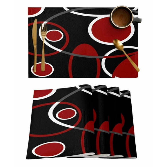 Placemats Set of 6, Black Red Woven Placemat, Linen Place Mats for Kitchen/Dining Tables, White Circle Geometric Abstract Texture Washable Table Mats for Party