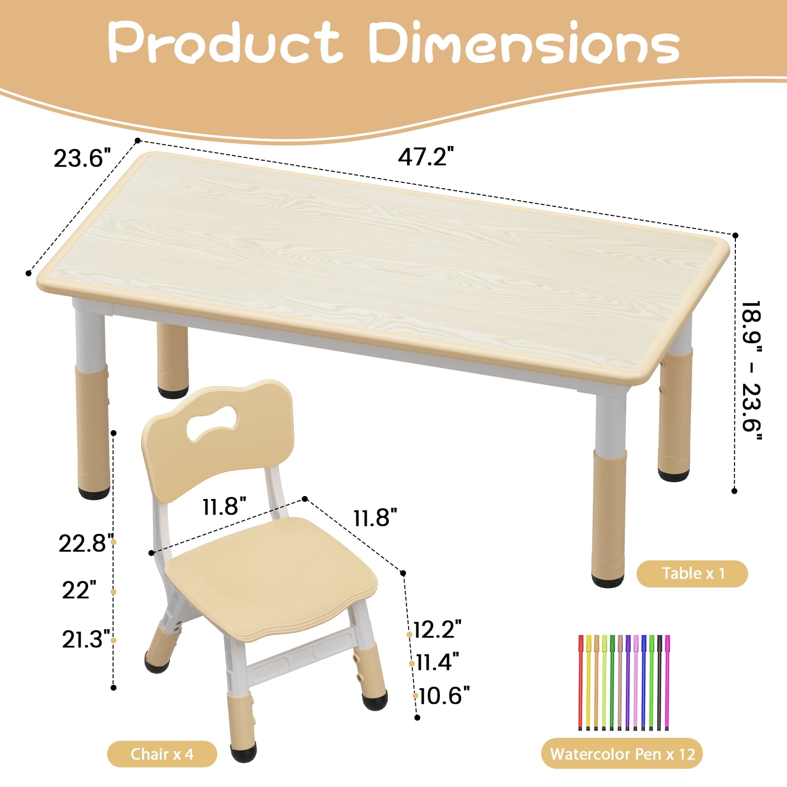 Garvee Kids Rectangular Activity Table and Chair Set 5-Piece, Adjustable Height , Natural