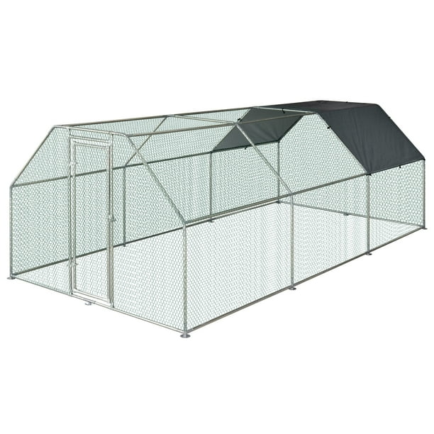 PawHut Galvanized Metal Chicken Coop Cage with Cover, WalkIn Pen Run