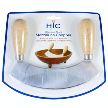 HIC's Mezzaluna Rocking Vegetable Chopper and Mincing Knife, 6.75-Inch Stainless Steel Blade with Wooden Handles