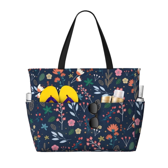 Saiise Colorful Flowers Print Large Capacity Beach Travel Bag Waterproof Durable Multi-Pocket Lightweight & Foldable for Travel