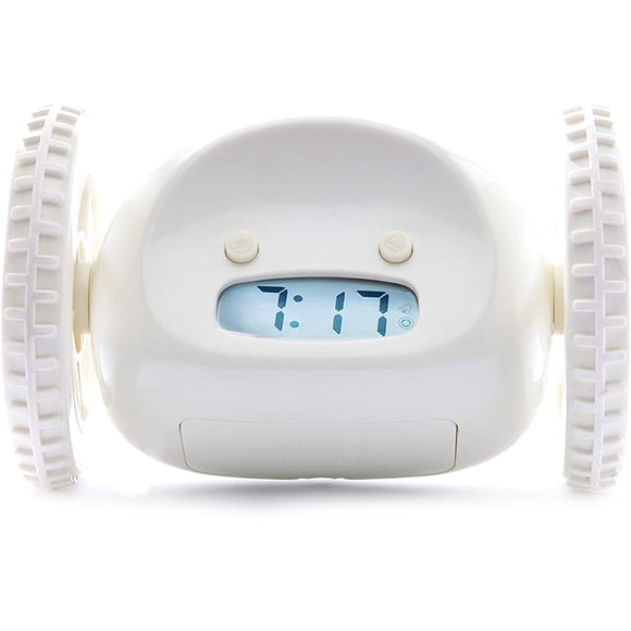 Reloj despertador con ruedas extra para personas que duermen profundamente. Robot Clockie rodante, móvil y saltador para dormitorio de adultos y niños.