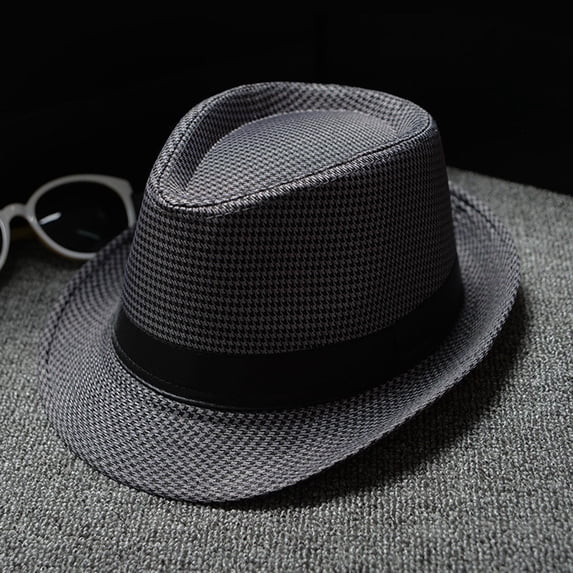 Gsakboxl Unisex Houndstooth Bohemian British Retro Jazz Hat Wide Brim Travel Sun Hat for Men Women Outdoor Vacation Sightseeing Baseball Cap Grey One Size