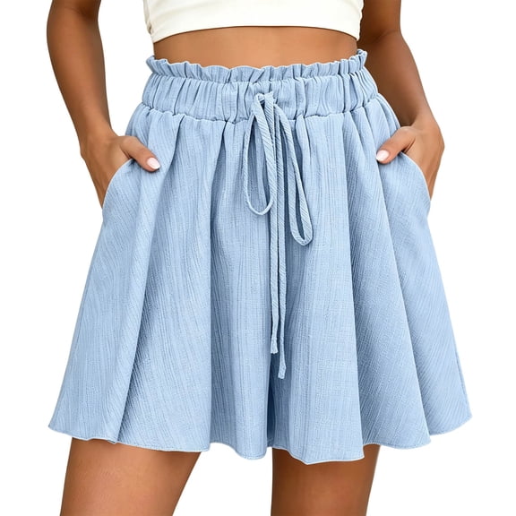 Womens High Waisted Flowy Shorts - Drawstring Elastic Waist Wide Leg Loose Casual Summer Shorts with Pockets Light Blue L