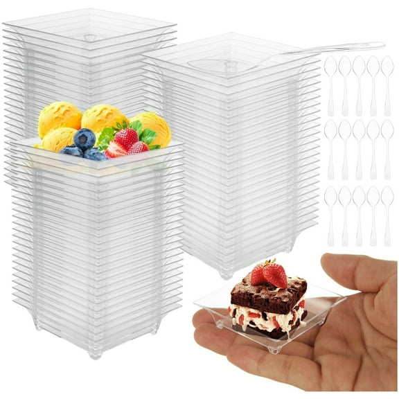 HYG Small Dessert Plates for Appetizers,Mini Plastic Plates with Spoons,Disposable Square Salad Plate,Reusable Appetizer Plates Set for Chocolates Ice Cream Fruit Dessert,50 Sets,Clear