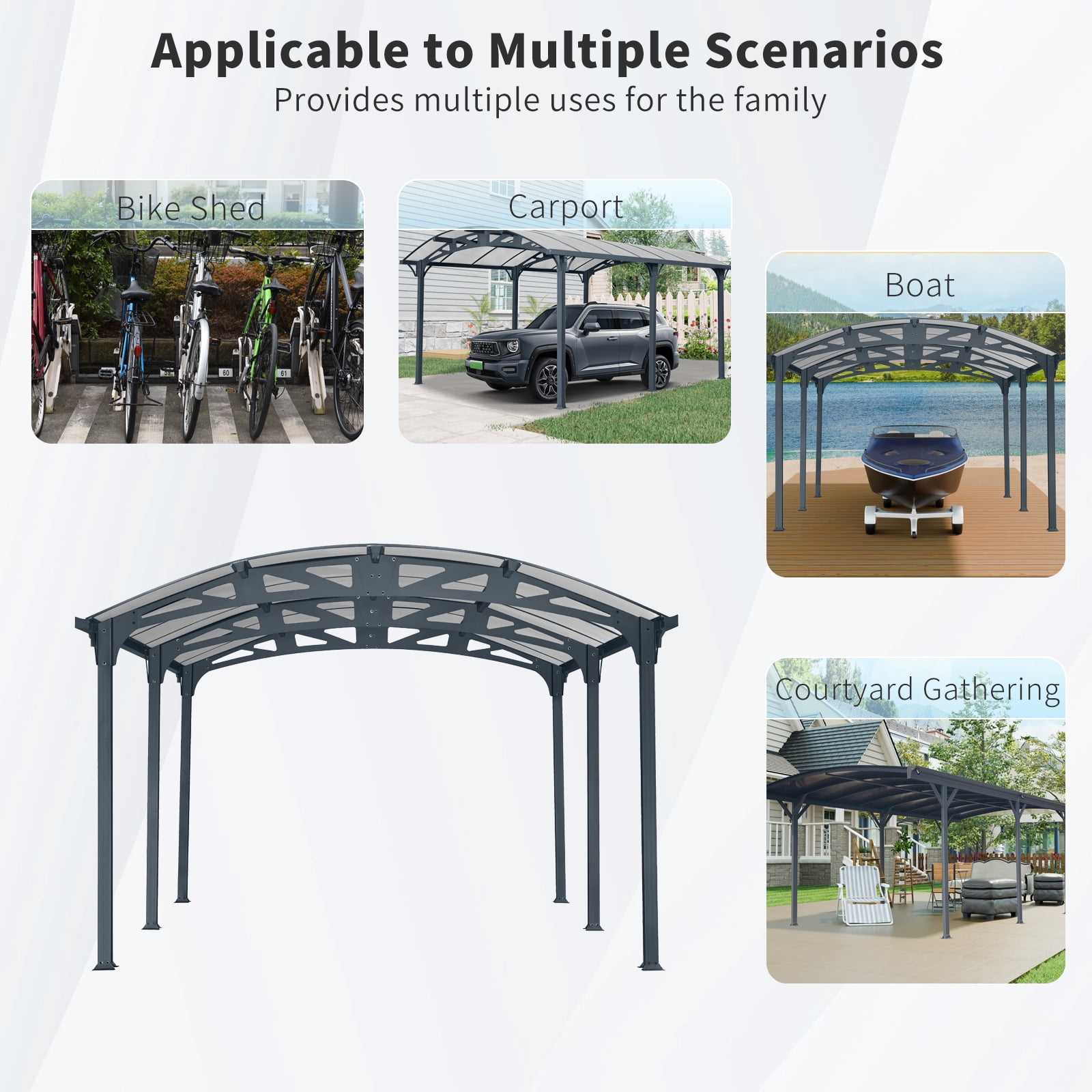 taoruifang 12x16 FT Arch Carport Aluminum Frame Polycarbonate Panels Outdoor Canopy Heavy Duty for Driveway Car Truck Black