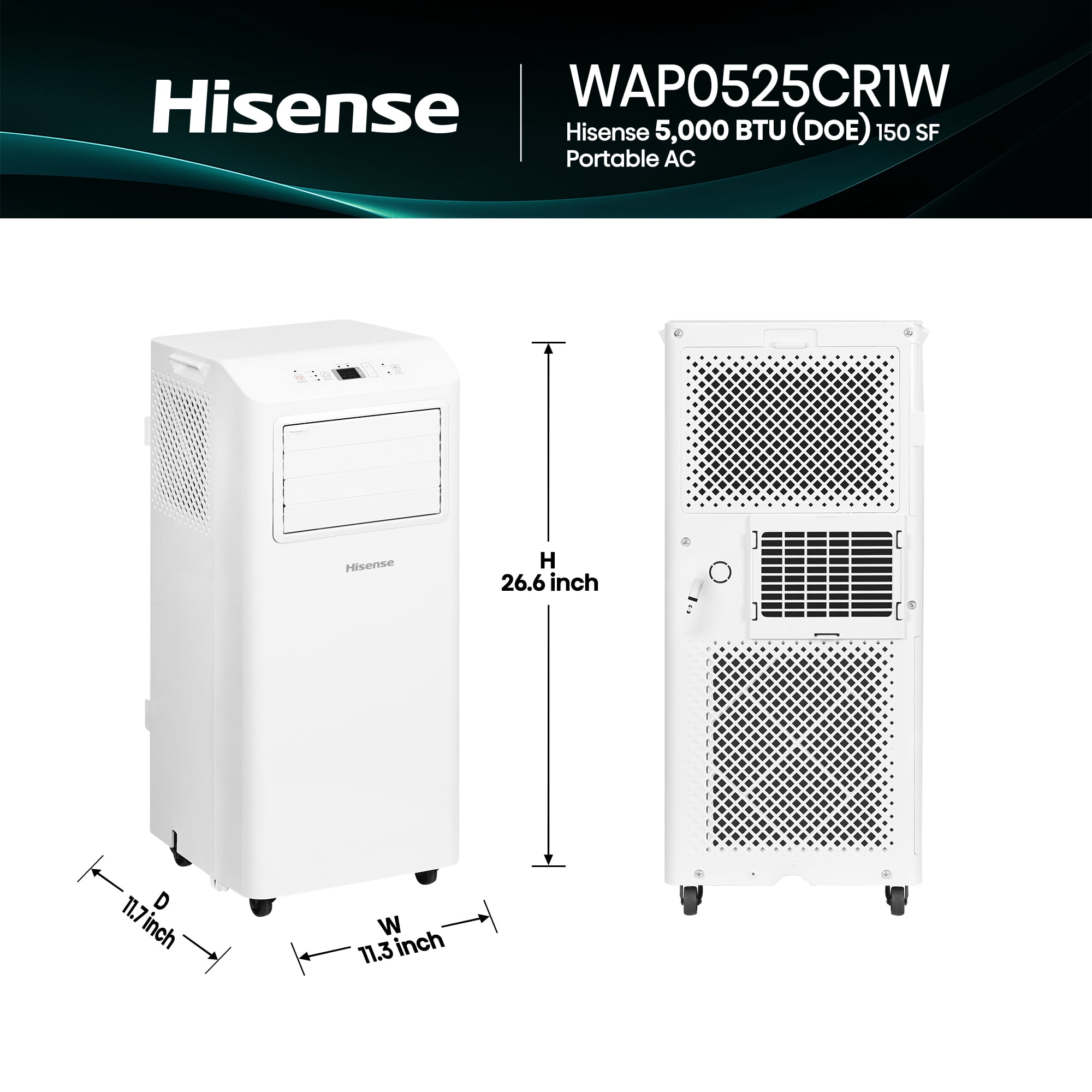 Hisense 5,000 BTU Portable Air Conditioner 150 sq ft. Multi-Purpose Modes, Dual Control System, Easy Clean, Snap-Assembly Window Kit, Self-Evaporation System, White (WAP0525CR1W)