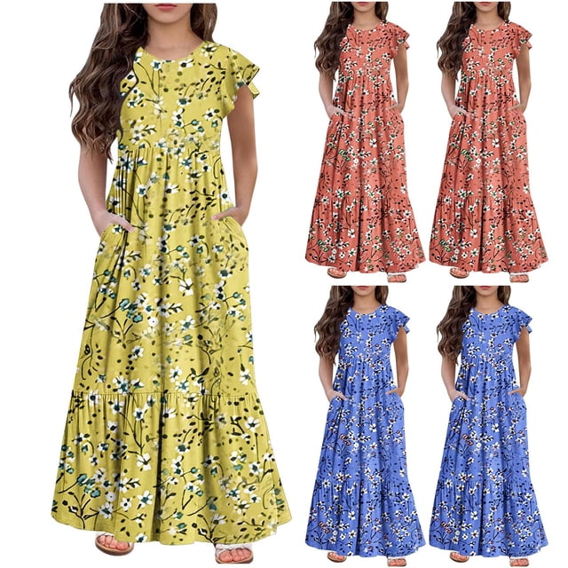 Sentmoon Vêtements d'Été pour Fillettes Robe Tendance Col Rond Imprimé Vintage Extensible Robe d'Anniversaire pour Filles Enfants pour Détente à la Maison 150