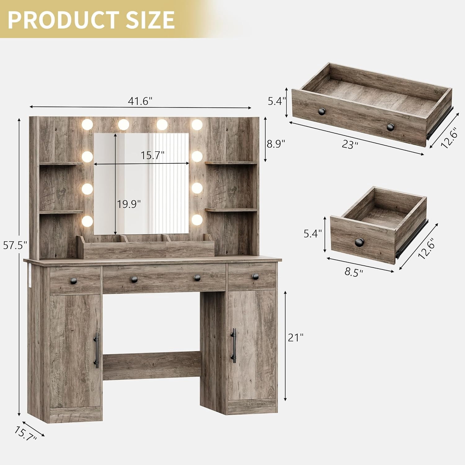 FANRAL 43'' Vanity Desk with 10 LED Lights,Under-Table RGB Strip & Built-in Power Station,Multi-Storage Makeup Table for Bedroom Bathroom Grooming,Gray Vanity