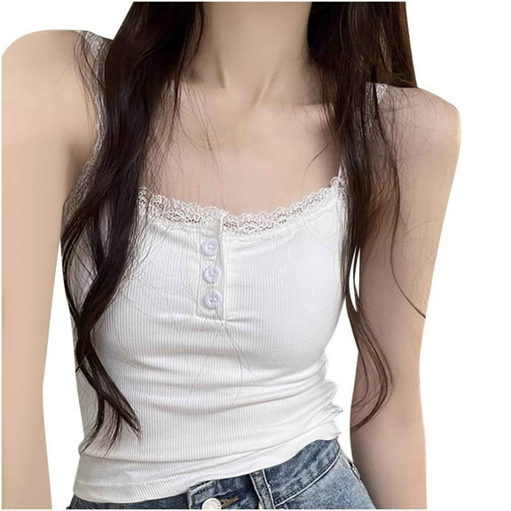 XuJwPNcy Women's Cami Tank Top Square Neck Lace Trim Button Front Camisole Slim Fit Summer Sleeveless Going out Top