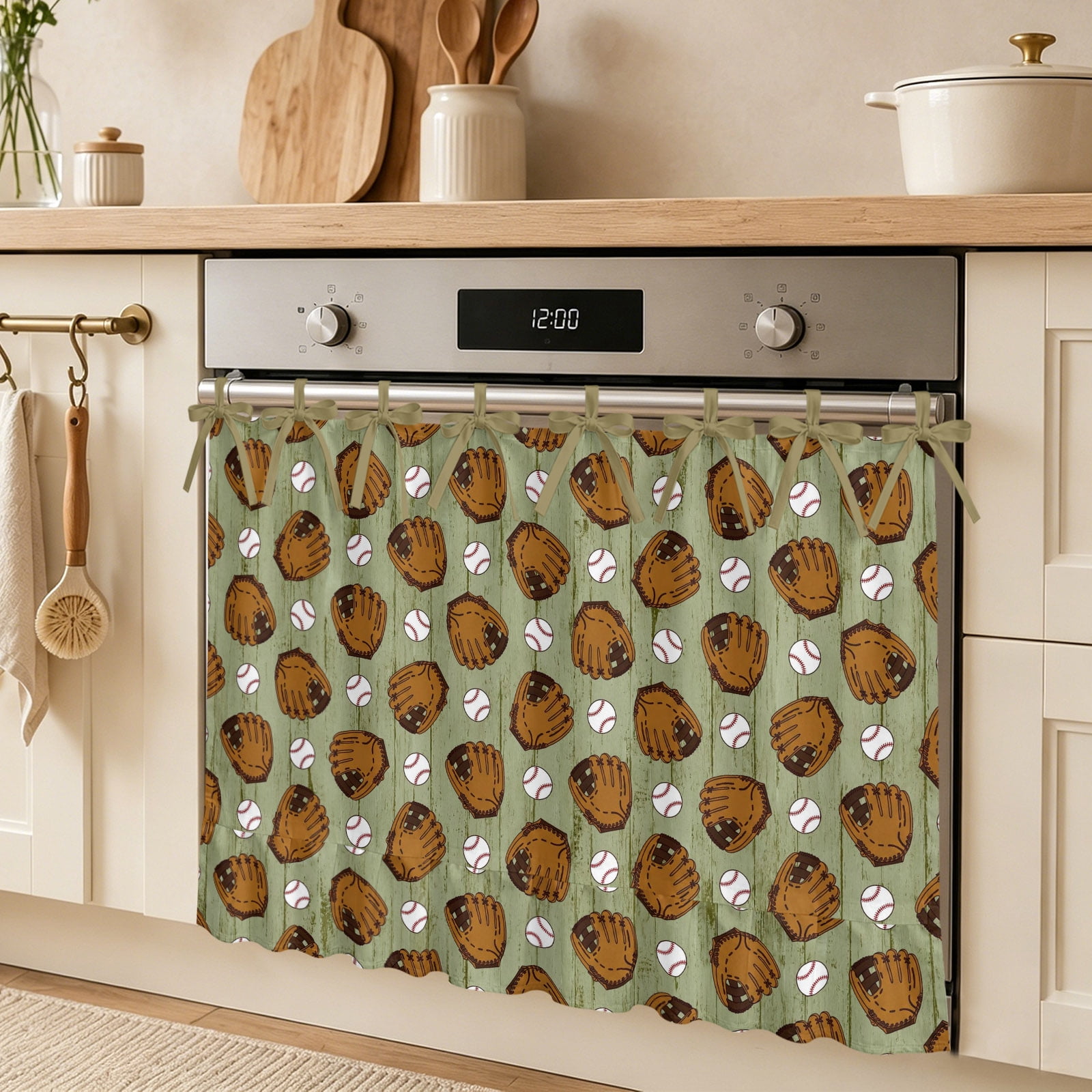 Baseball Oven Skirt Curtain Retro Baseballs Seamless Pattern Green Stripes Background Tie Top Tier Curtains Stove Dishwasher Skirt Small Window Drapes for Kitchen Bathroom Cafe 32 x24
